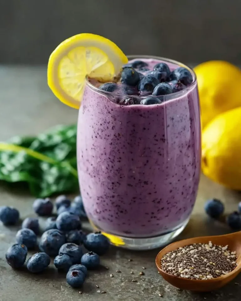 A vibrant Lemon Blueberry Smoothie in a glass, garnished with a lemon slice and topped with fresh blueberries, with chia seeds nearby.
