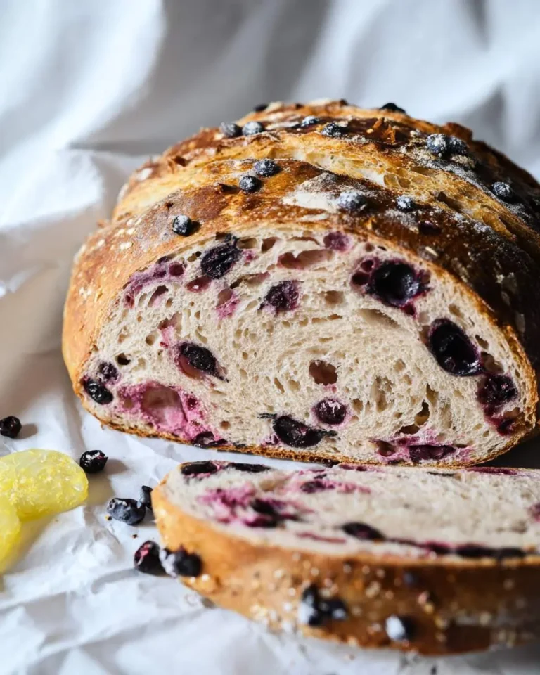 A beautifully sliced loaf of rustic Lemon Blueberry Sourdough Bread with a golden crust and a soft, purple-flecked interior, resting on white paper.