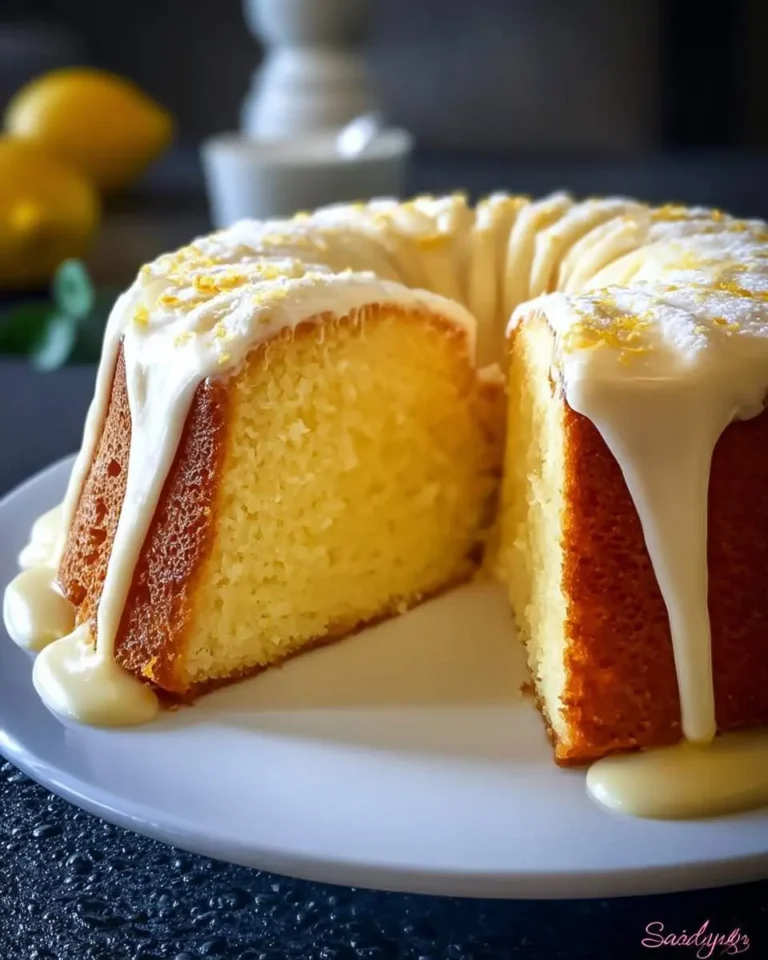 A sliced bundt lemon cake with white icing drizzling down and lemon zest on a white plate, with blurred lemons in the background.