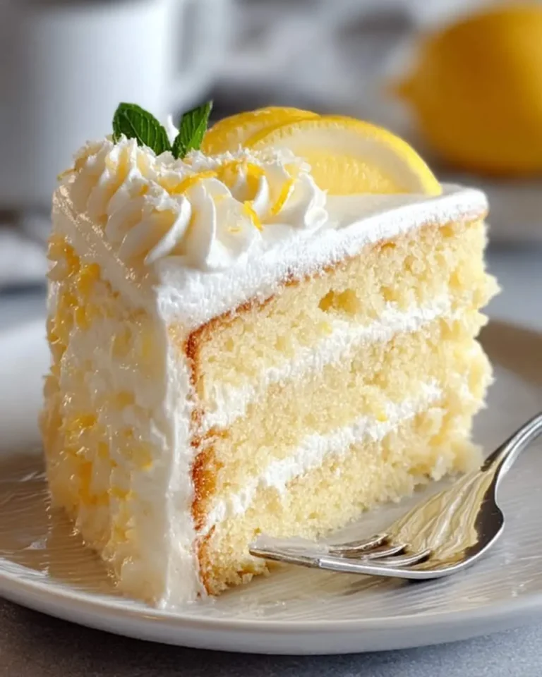 A delightful slice of Lemon Chantilly Cake on a plate, garnished with lemon slices, zest, and a mint sprig, ready to be enjoyed.