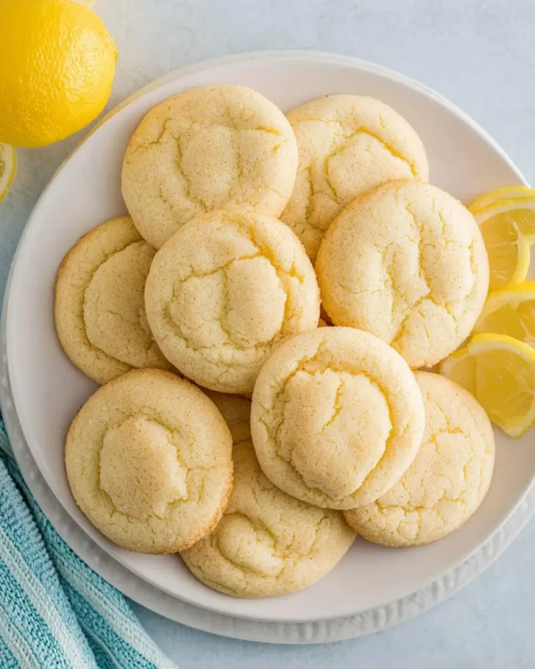 A white plate brimming with golden lemon cookies, accompanied by a whole lemon and fresh lemon slices.