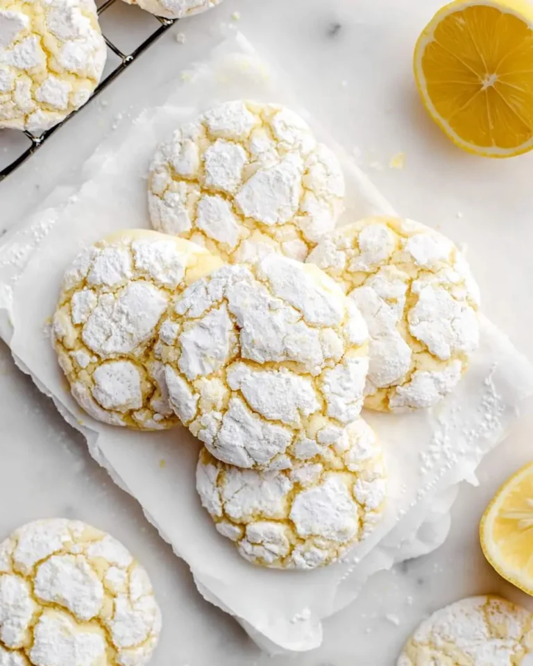 A top-down view of vibrant yellow Lemon Crinkle Cookies generously dusted with white powdered sugar, alongside fresh lemon halves.