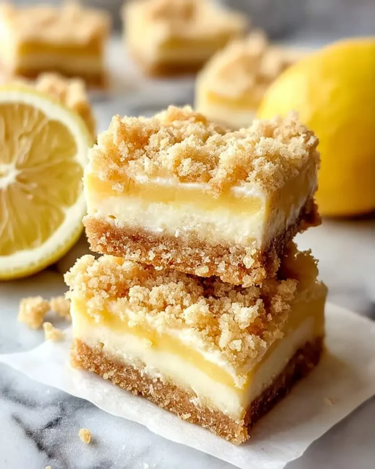 A close-up shot of two delicious stacked Lemon Crumb Bars with a zesty lemon filling and crumbly topping, next to a fresh lemon slice.