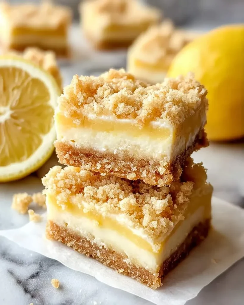 A close-up shot of two delicious stacked Lemon Crumb Bars with a zesty lemon filling and crumbly topping, next to a fresh lemon slice.