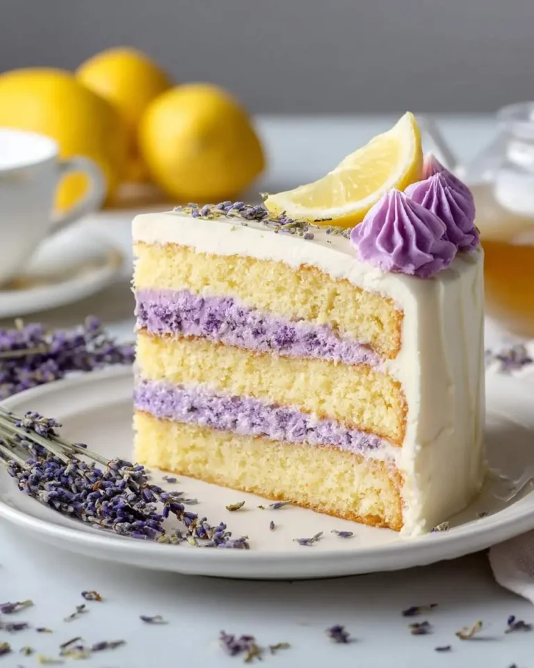 A vibrant slice of Lemon Lavender Cake on a white plate, showcasing purple frosting layers, a lemon wedge, and dried lavender.
