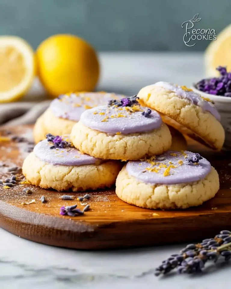 A stack of delicious Lemon Lavender Cookies with purple frosting, lemon zest, and dried lavender buds on a wooden board with fresh lemons.