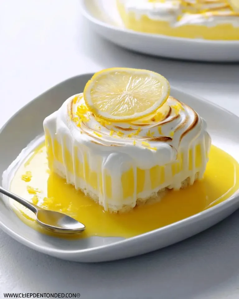 A delightful slice of lemon lush dessert on a white plate, topped with meringue, lemon slice, and zest, surrounded by yellow sauce.