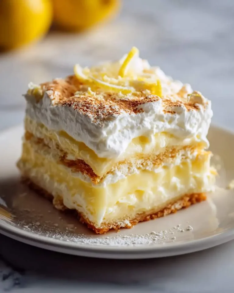 A layered slice of Lemon Lush Lasagna on a white plate, featuring creamy yellow filling, fluffy whipped cream, and lemon garnish.