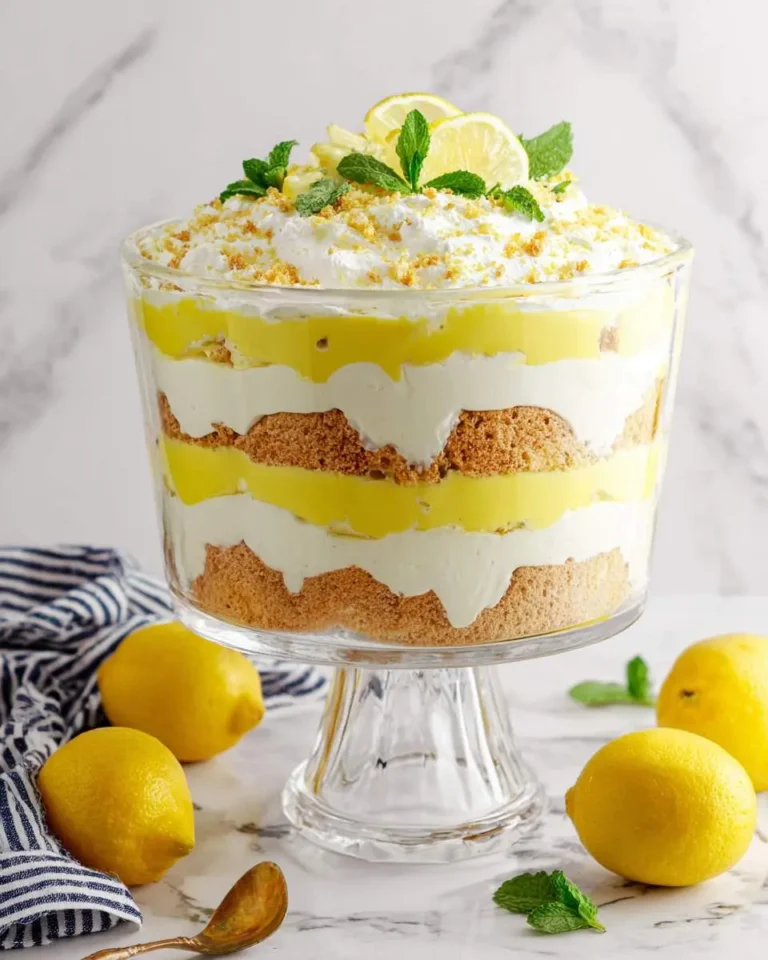A layered Lemon Lush Trifle in a glass bowl, topped with whipped cream, lemon slices, and mint, surrounded by fresh lemons on marble.