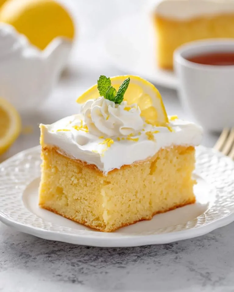 A vibrant slice of lemon poke cake topped with fluffy whipped cream, lemon zest, a fresh lemon slice, and mint, served on a white plate.