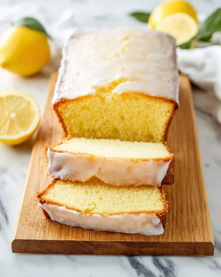 A glazed lemon pound cake loaf on a wooden board, with two slices cut and displayed, surrounded by fresh lemons.