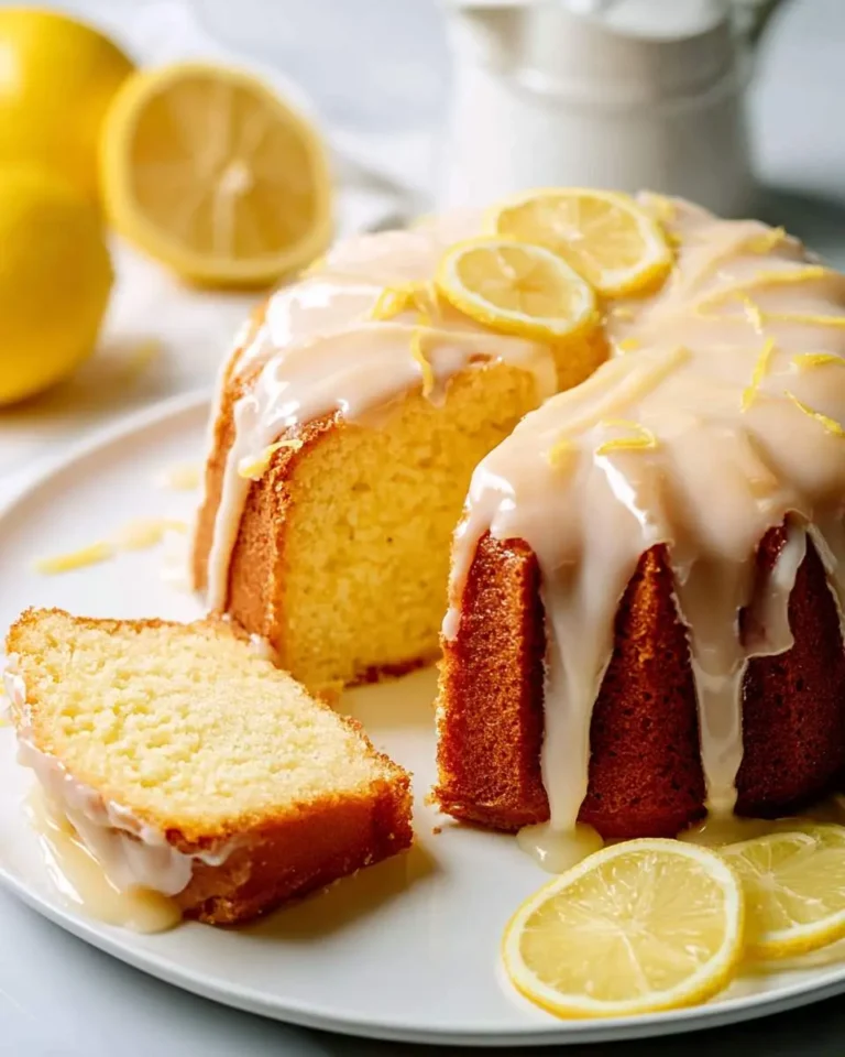 A golden-yellow Lemon Pound Cake With Tangy Glaze, a slice removed, garnished with lemon zest and fresh lemon slices on a white plate.
