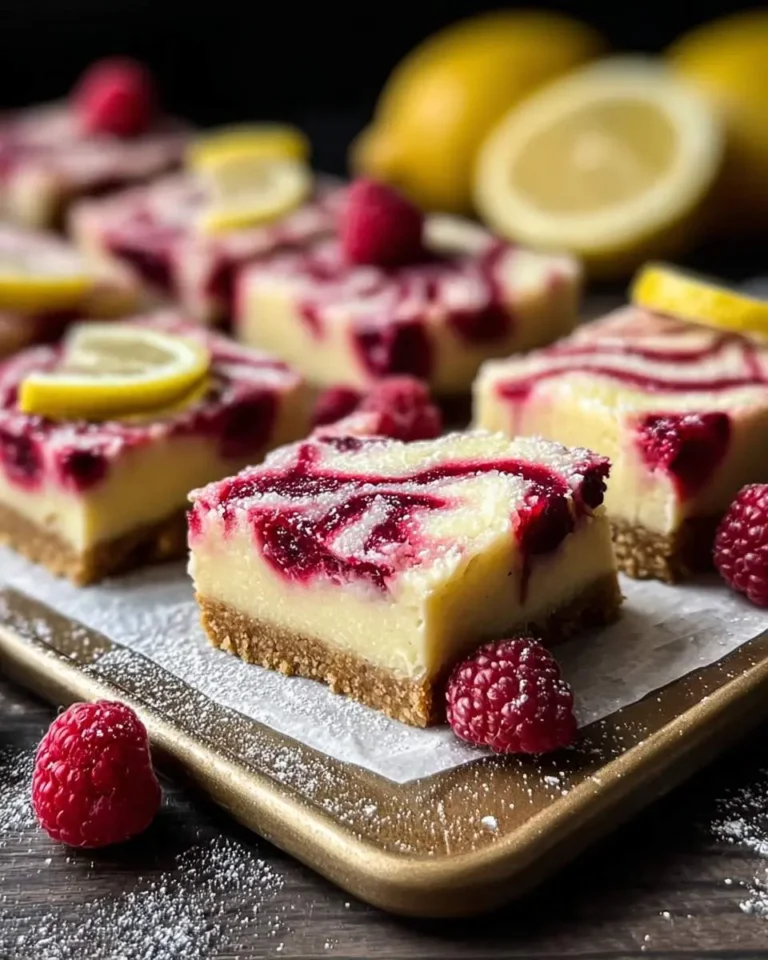 Delicious Lemon Raspberry Bars with creamy filling and raspberry swirls, garnished with fresh raspberries and lemon slices, dusted with sugar.