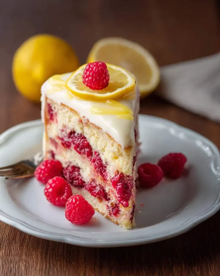 A beautiful slice of lemon raspberry cake, layered with fresh raspberries and topped with a lemon slice, on a white plate.
