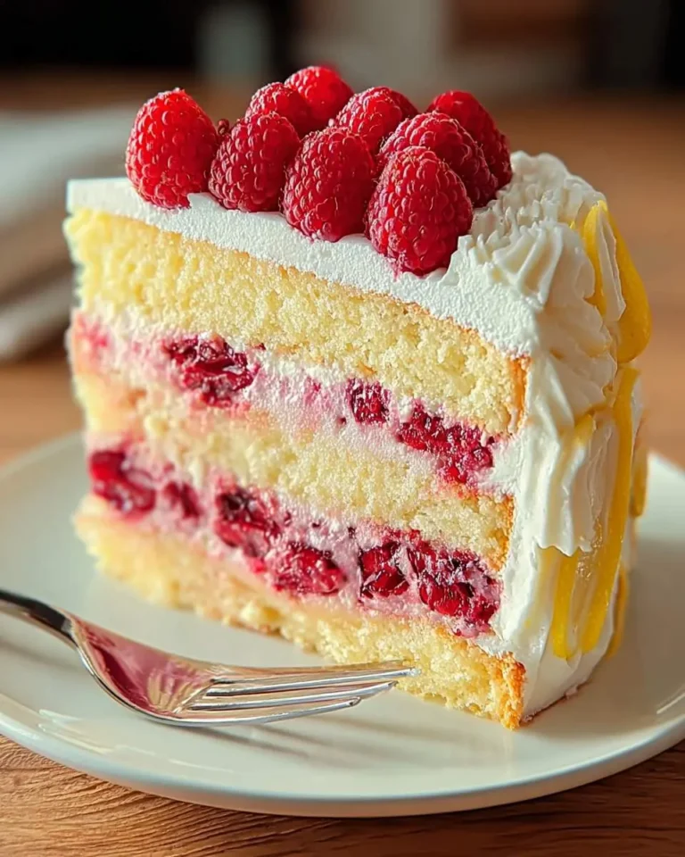 A delightful slice of Lemon Raspberry Layer Cake, featuring light yellow sponge, white cream, fresh raspberries, and lemon zest.
