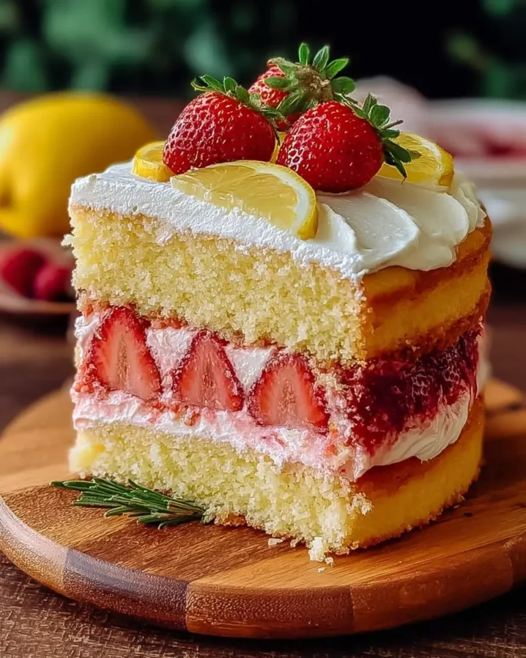 A beautiful slice of Lemon Strawberry Cake featuring layers of moist cake, fresh strawberries, jam, and white frosting, garnished with lemon.