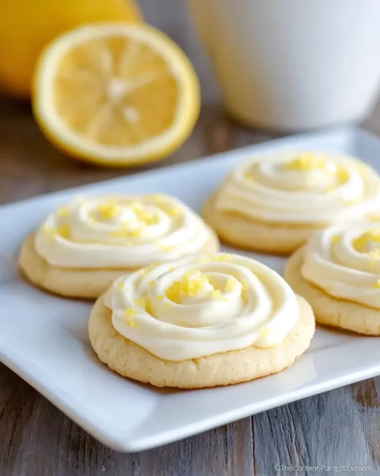 A white plate holds several delicious Lemon Sugar Cookies topped with swirled white frosting and lemon zest, with a sliced lemon in the background.