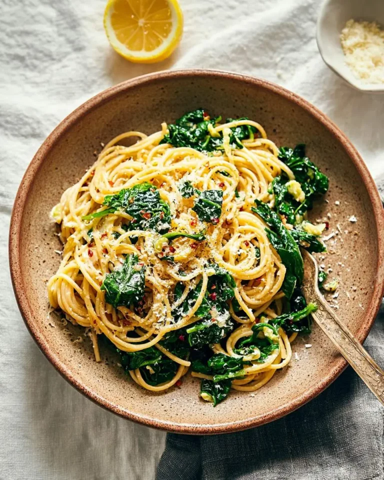 A rustic bowl of creamy Lemon Swiss Chard Pasta, topped with Parmesan and chili flakes, with a lemon half and cheese bowl nearby.