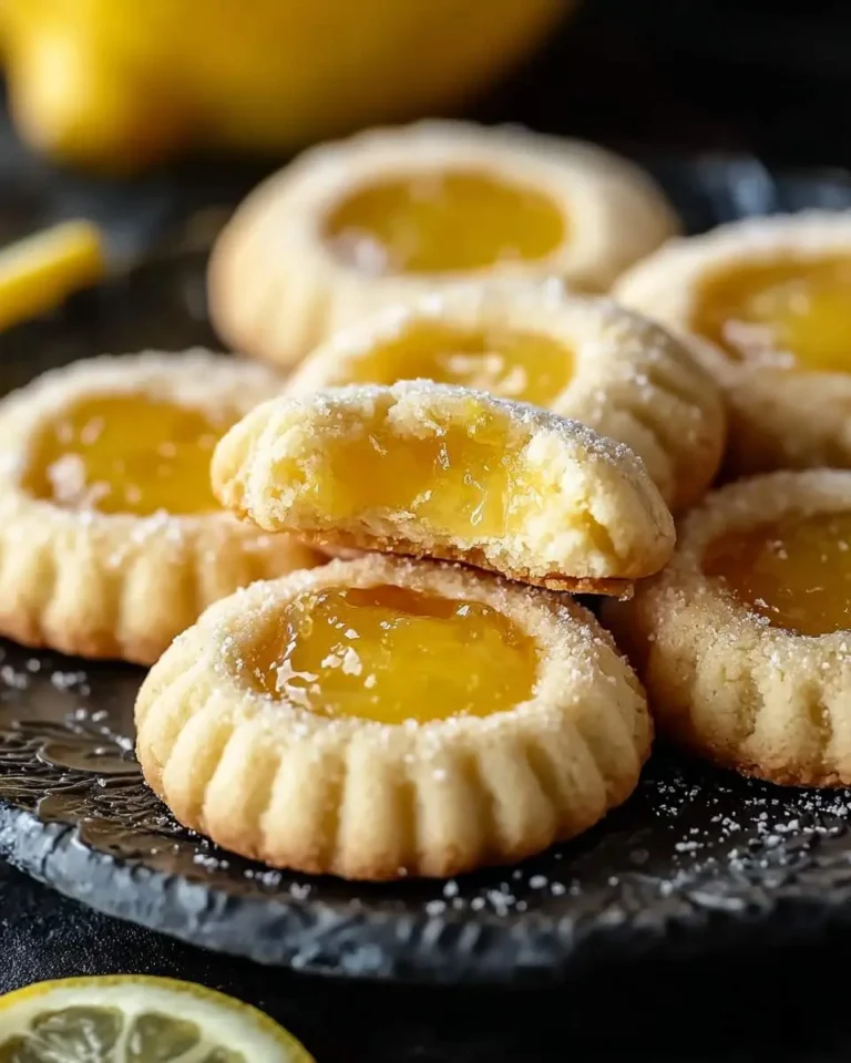 A close-up of delicious Lemon Thumbprint Cookies on a dark plate, one cookie broken in half revealing its bright yellow lemon curd filling.
