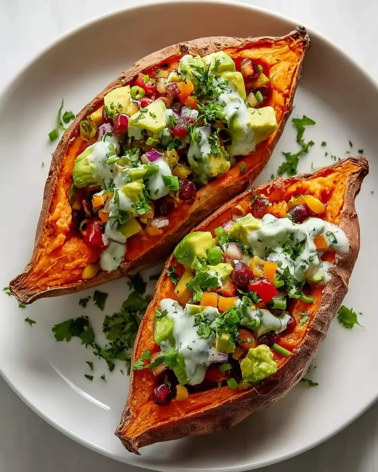 Two halves of a vibrant loaded sweet potato, topped with avocado, black bean corn salsa, pomegranate, cilantro, and a creamy drizzle.