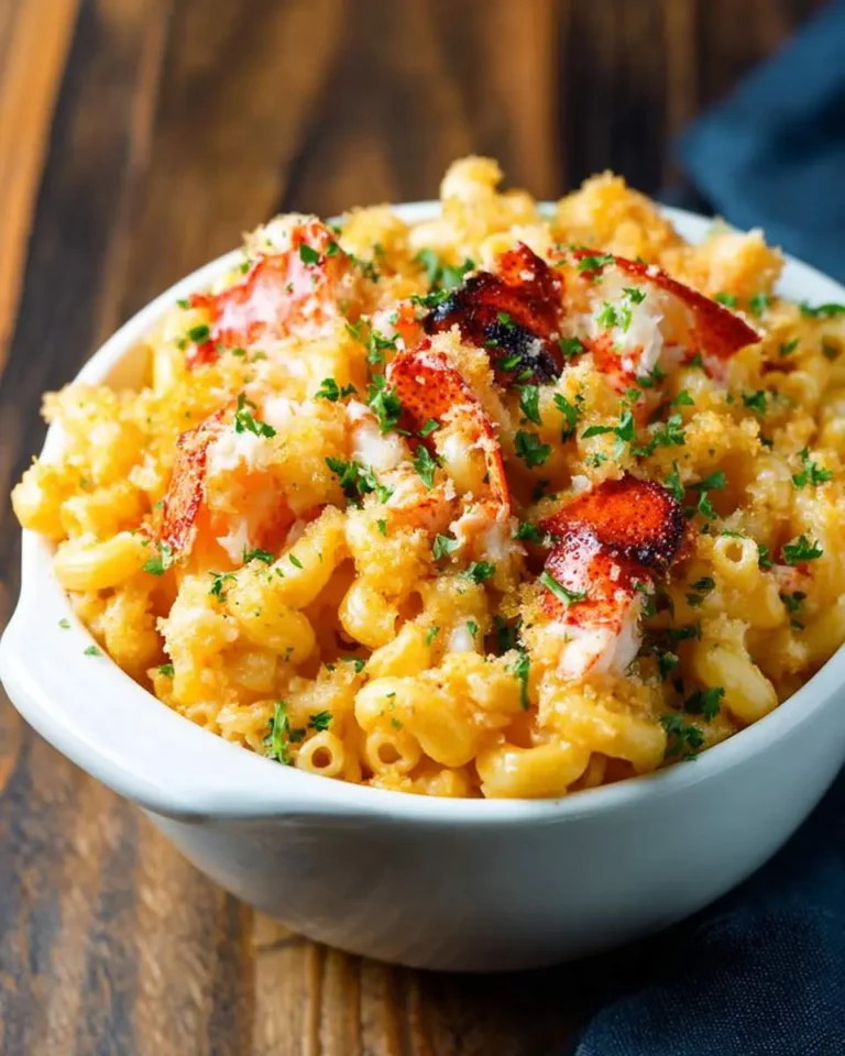 A white bowl overflowing with rich, creamy lobster mac and cheese, garnished with golden breadcrumbs and fresh parsley.