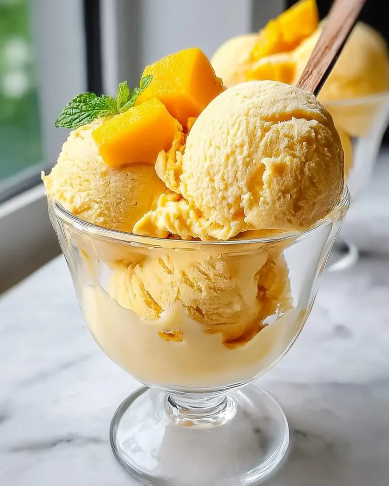 A close-up of a glass sundae dish filled with scoops of delicious mango and coconut ice cream, topped with fresh mango chunks and a mint sprig.