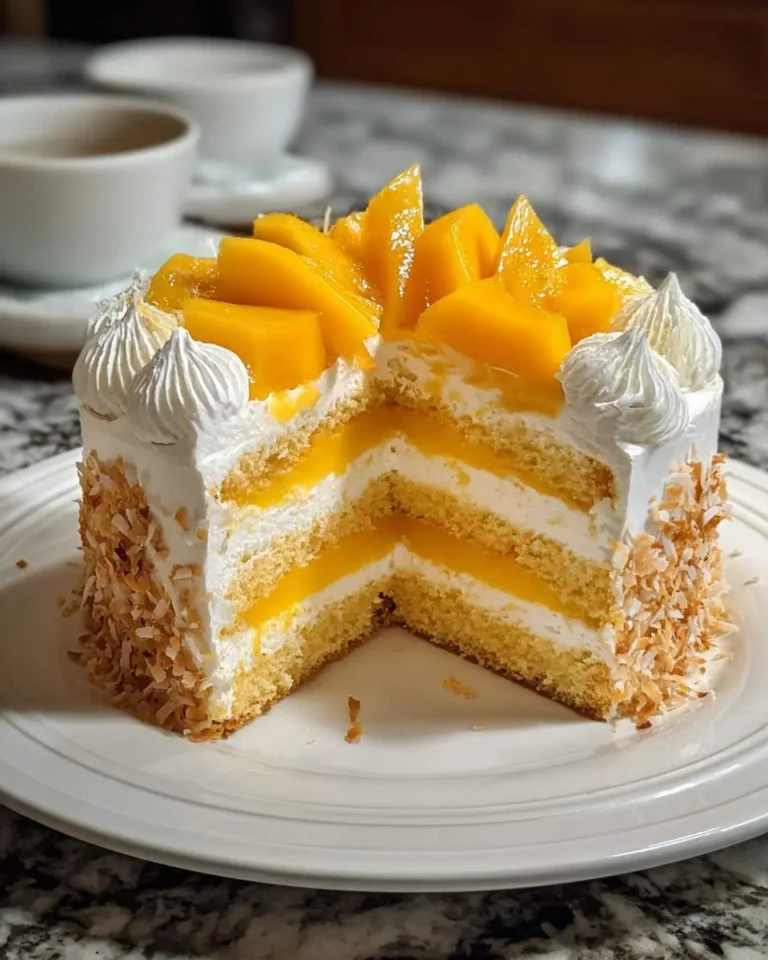 A delicious slice taken out of a Mango Coconut Cake topped with fresh mango pieces, whipped cream, and toasted coconut flakes.