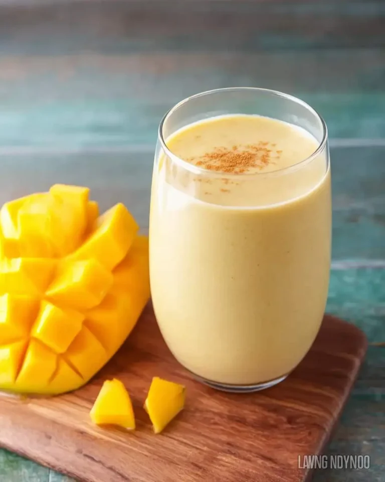 A refreshing Mango Coconut Milk Smoothie in a glass, topped with a dash of cinnamon, sits beside a beautifully cut fresh mango on a wooden board.
