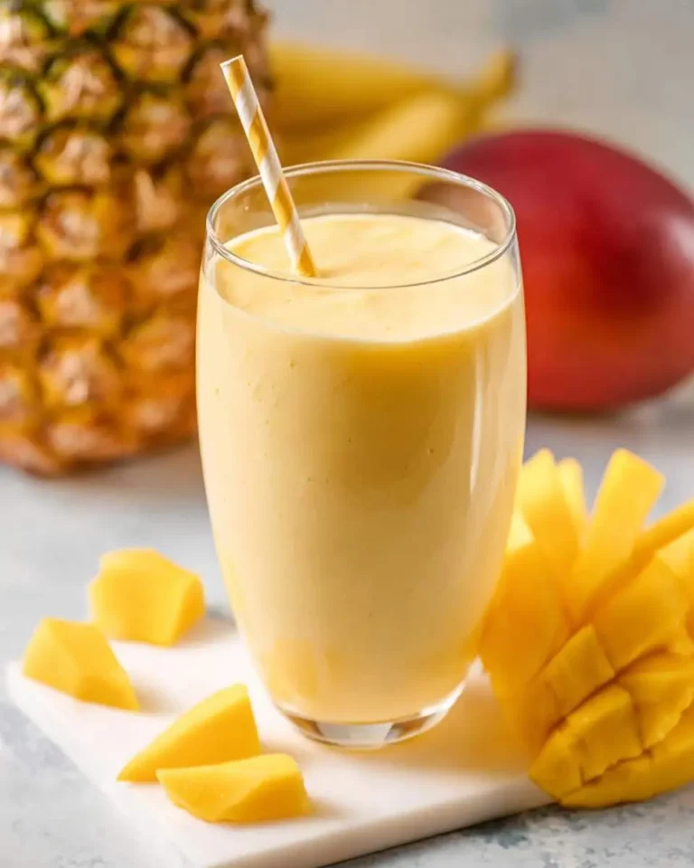 A vibrant Mango Lassi Smoothie with a striped straw, surrounded by fresh mango chunks, a pineapple, and bananas, ready to enjoy.