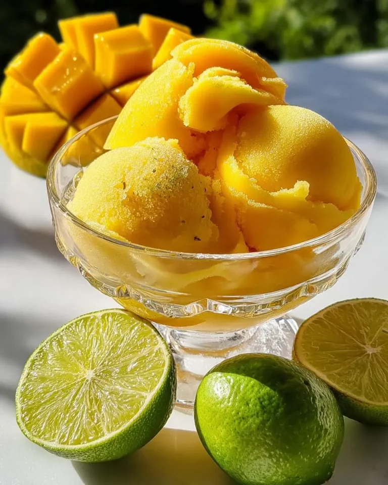 Scoops of vibrant yellow Mango Lime Sorbet in a glass bowl, with a sliced mango and fresh limes on a white surface.
