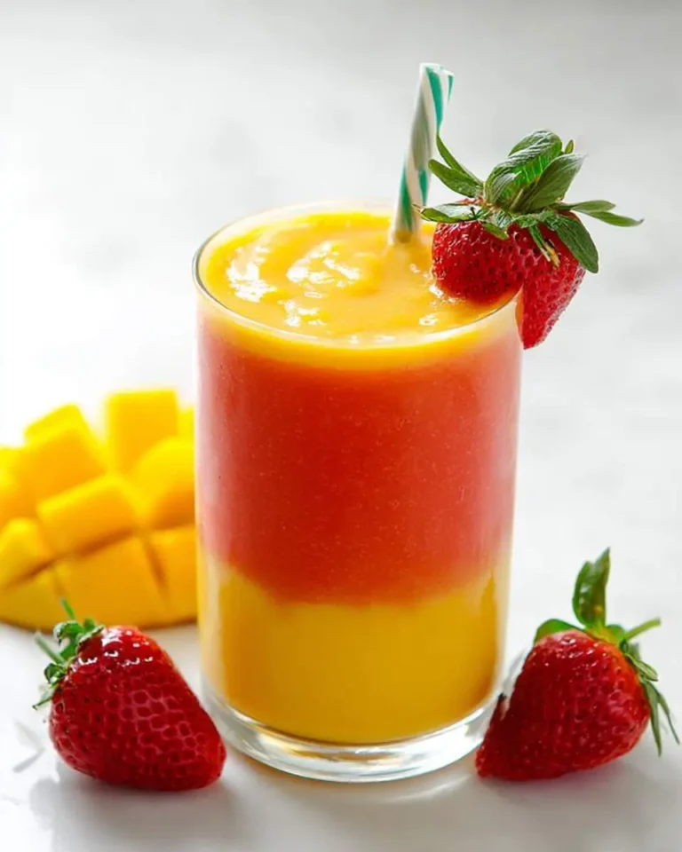 A refreshing layered Mango Pineapple Smoothie in a glass, garnished with fresh strawberries and cubed mango on a white surface.