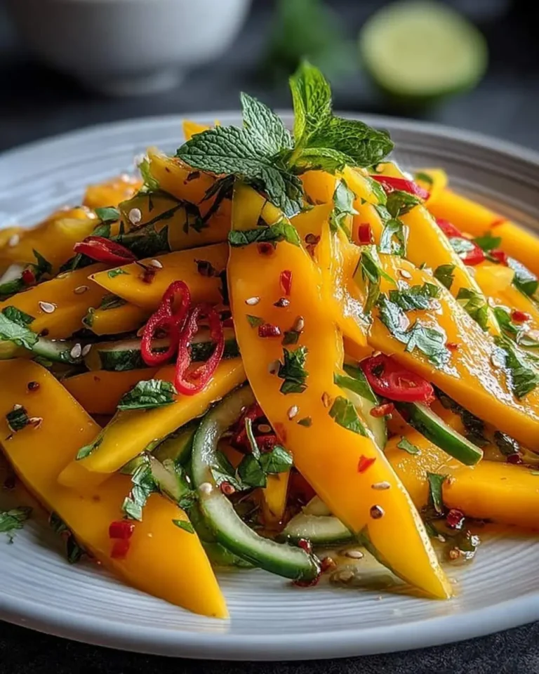 A vibrant mango salad featuring ripe mango slices, fresh mint, red chili, cucumber, and sesame seeds on a white plate.