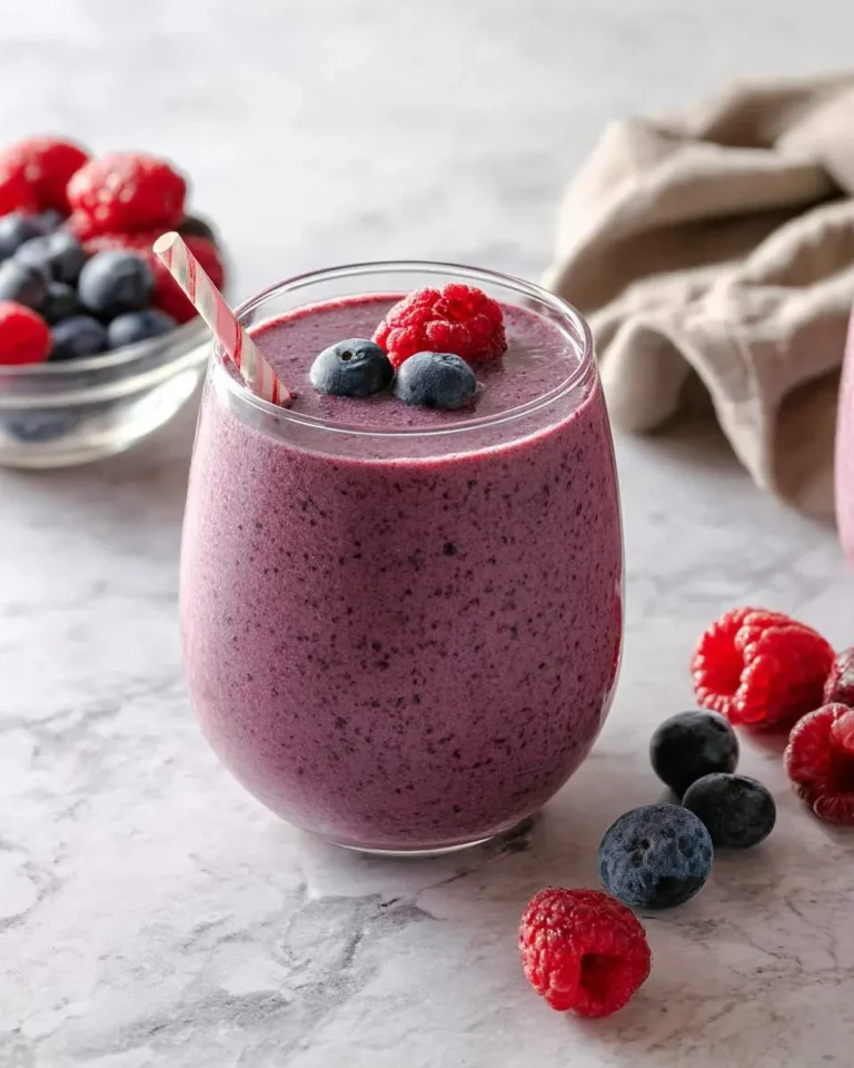 A glass of vibrant purple berry smoothie, a delicious and healthy beverage perfect for any time, just like a mango smoothie.