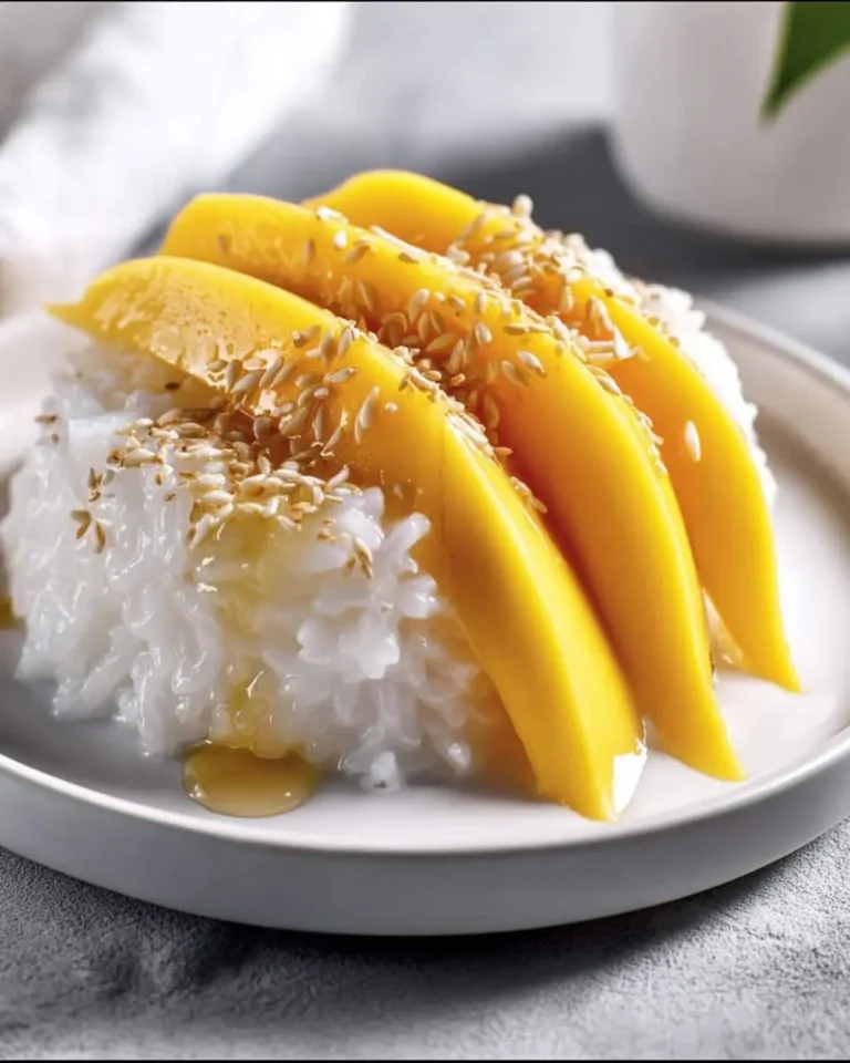 A vibrant dish of mango sticky rice on a white plate, garnished with sesame seeds and sweet coconut milk syrup.