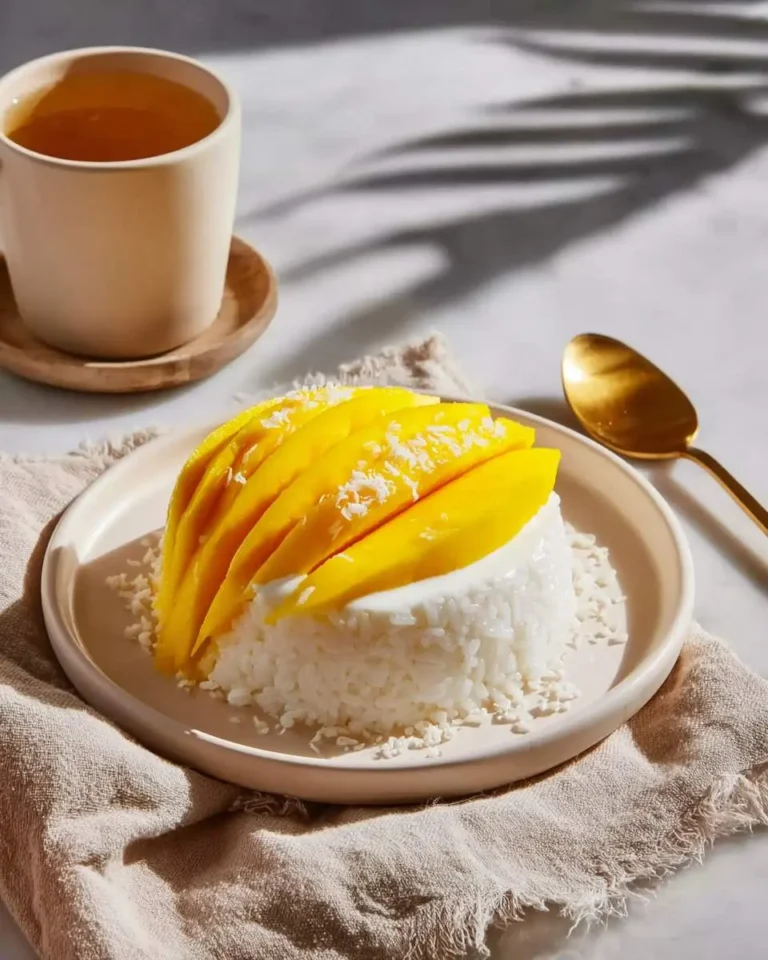 A close-up of a delicious Mango Sticky Rice Recipe with Coconut Cream Topping, served on a white plate with a golden spoon and a cup of tea.