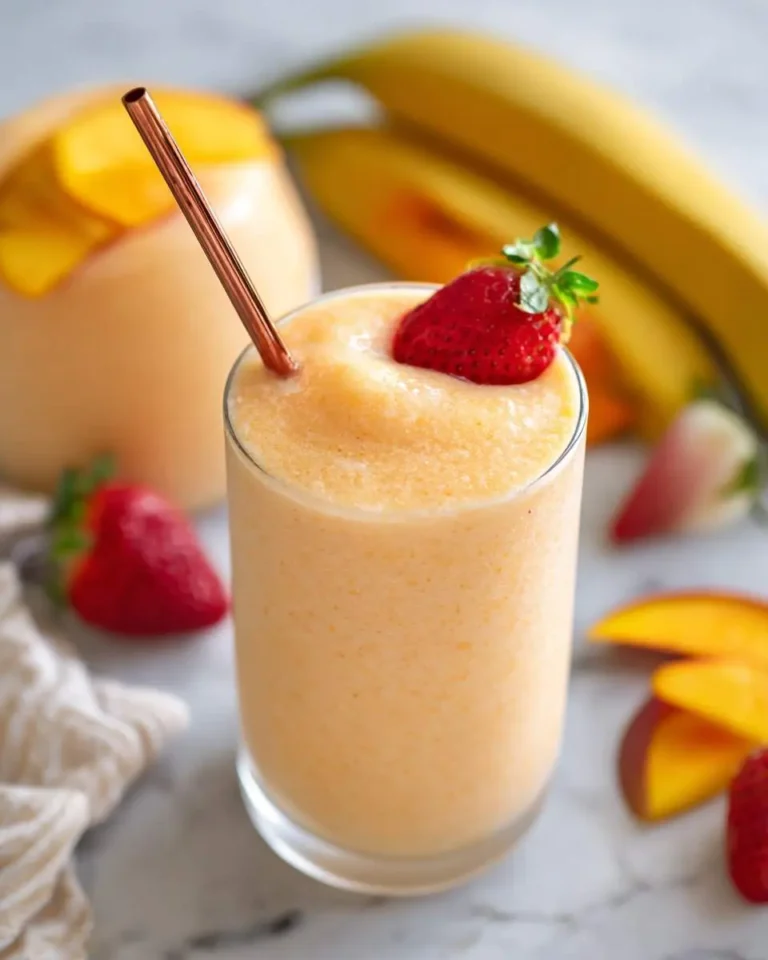 A refreshing Mango Strawberry Smoothie in a glass, garnished with a fresh strawberry and a rose gold straw, with bananas and mangoes in the background.
