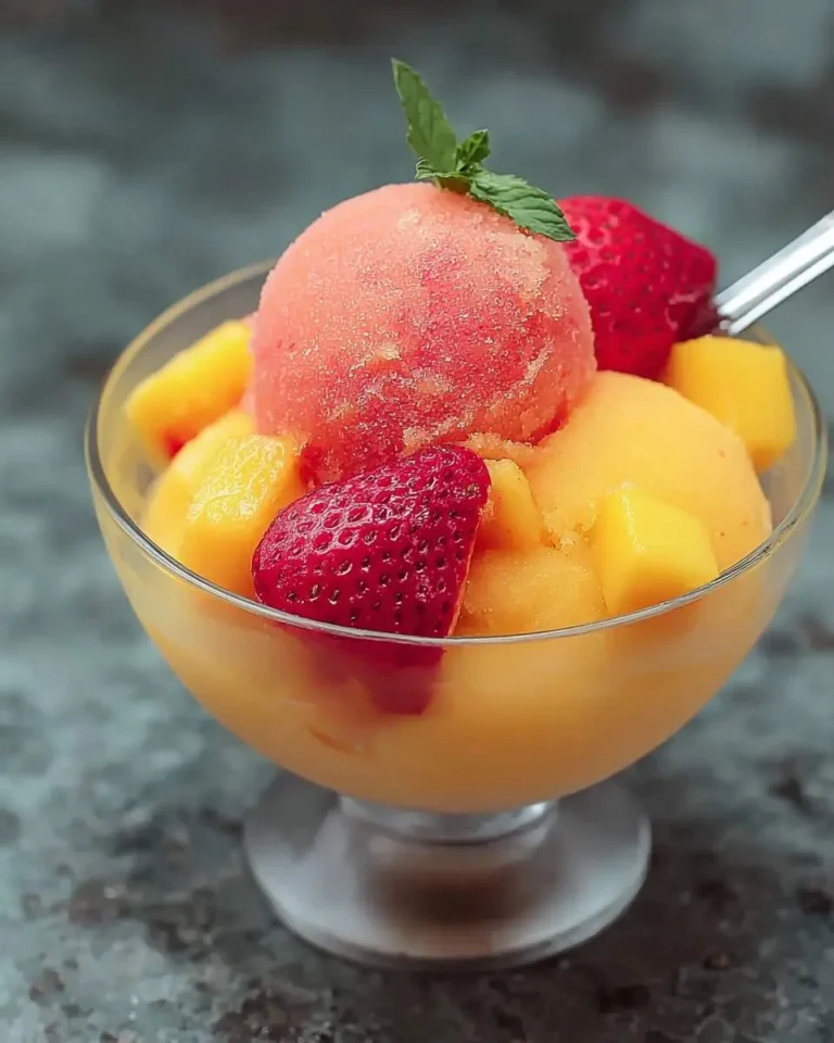 A clear glass bowl filled with vibrant Mango Strawberry Sorbet, garnished with fresh mango cubes, whole strawberries, and a mint leaf.