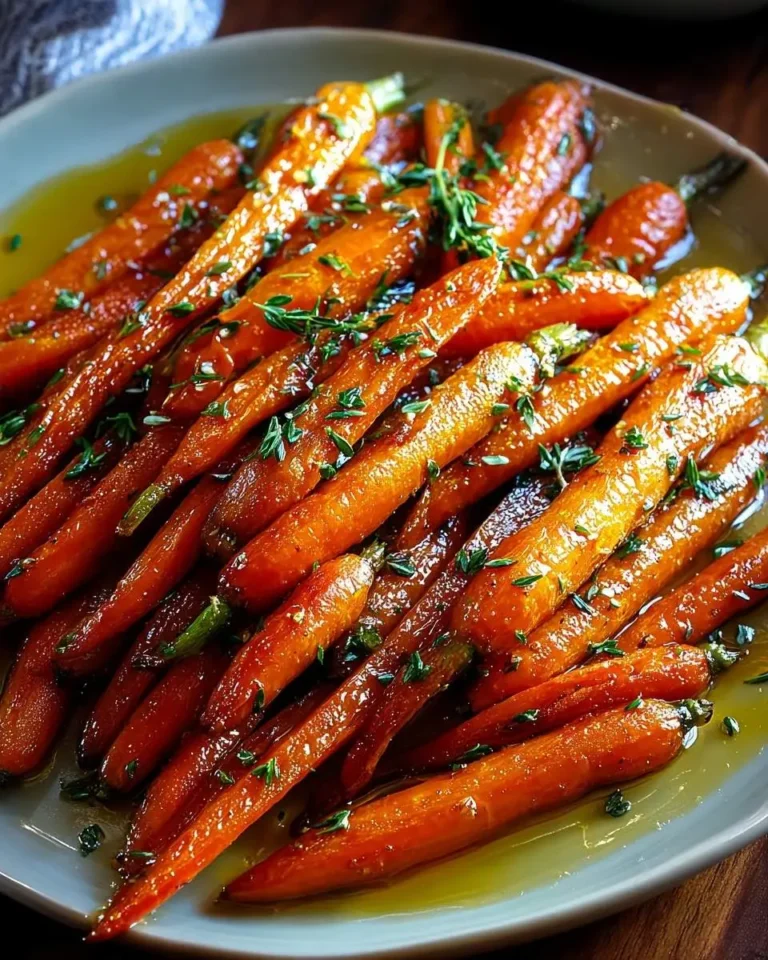 A platter of shiny, orange Maple Glazed Carrots garnished with fresh thyme leaves, resting in a pool of amber glaze.
