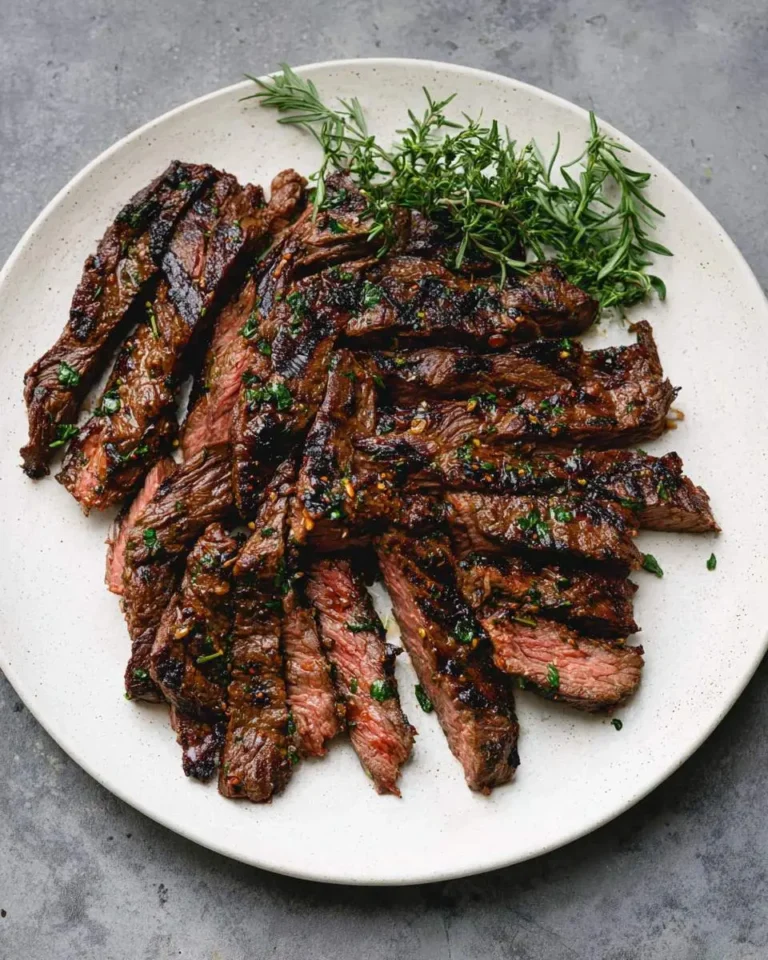 Slices of perfectly grilled Marinated Skirt Steak, garnished with fresh rosemary and thyme, served on a white plate.