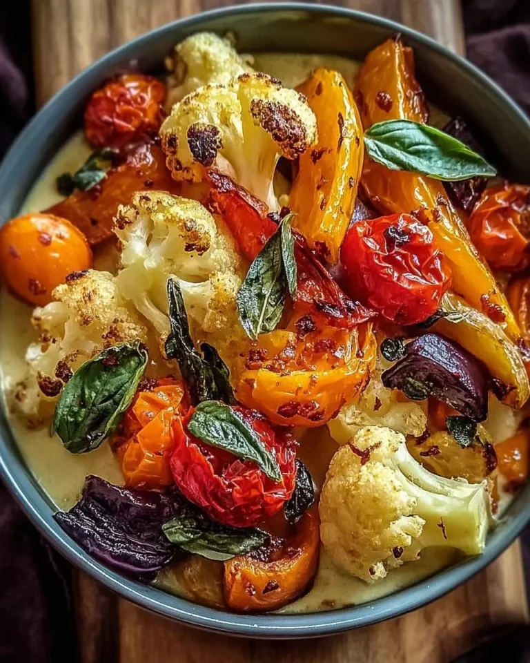 A close-up of a blue bowl filled with a vibrant Marry Me Roasted Vegetable medley, featuring cauliflower, tomatoes, and peppers.