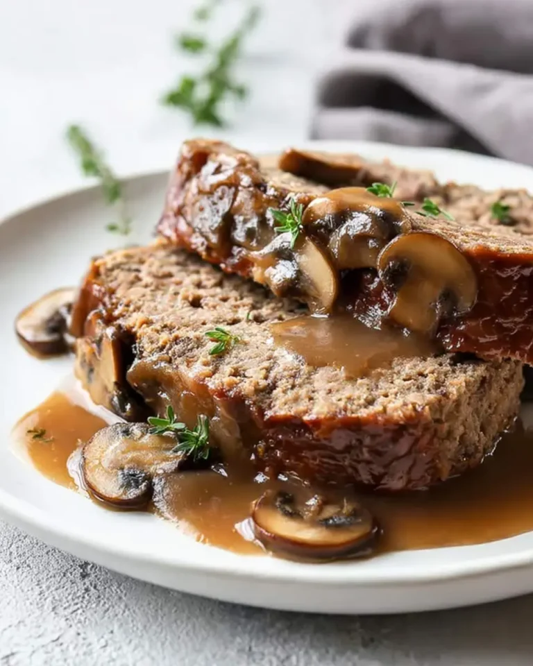 Two slices of flavorful meatloaf with mushroom gravy, adorned with fresh thyme sprigs, served on a white plate.