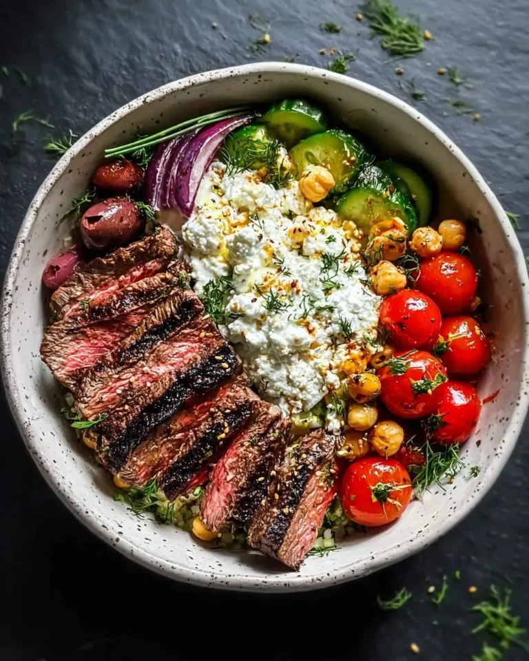 A colorful mediterranean grilled steak bowl featuring sliced steak, feta, cucumbers, roasted tomatoes, chickpeas, and olives.