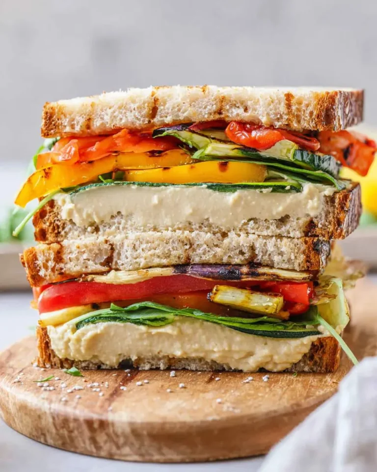 A visually appealing Mediterranean Grilled Vegetable Hummus Sandwich, packed with colorful grilled vegetables and smooth hummus.