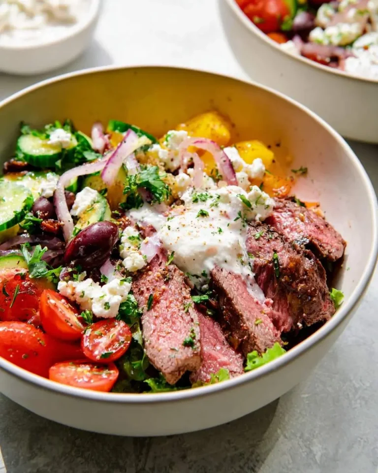 A fresh mediterranean steak bowl with sliced steak, cucumbers, cherry tomatoes, red onion, olives, feta, and creamy sauce.