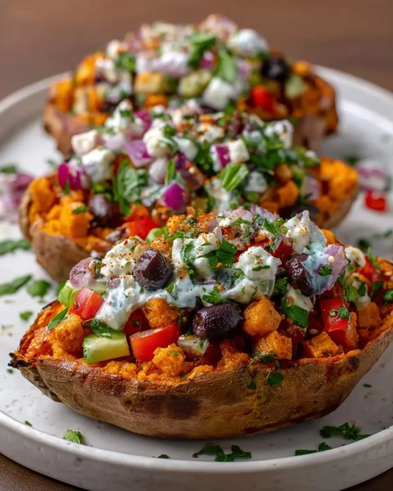 A close-up shows three vibrant Mediterranean Stuffed Sweet Potatoes, generously topped with feta, olives, herbs, and a creamy sauce.