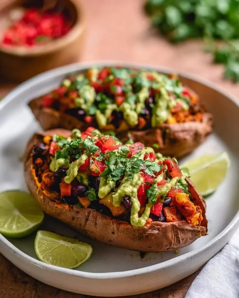 Two vibrant Mexican Stuffed Sweet Potatoes are served on a white plate, topped with salsa, cilantro, and avocado crema, with lime wedges.