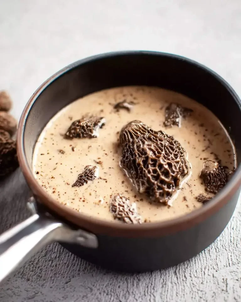 A close-up shot of a dark saucepan filled with creamy morel mushroom sauce, featuring several whole morel mushrooms.