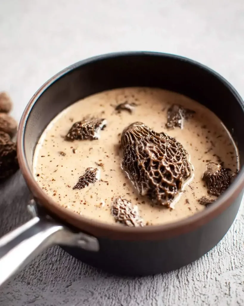 A close-up shot of a dark saucepan filled with creamy morel mushroom sauce, featuring several whole morel mushrooms.