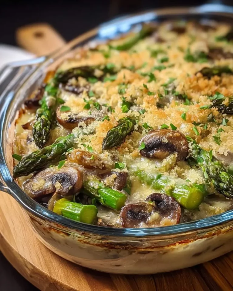 A golden-brown Mushroom Asparagus casserole with a crispy breadcrumb topping and fresh parsley, served in a clear glass dish.