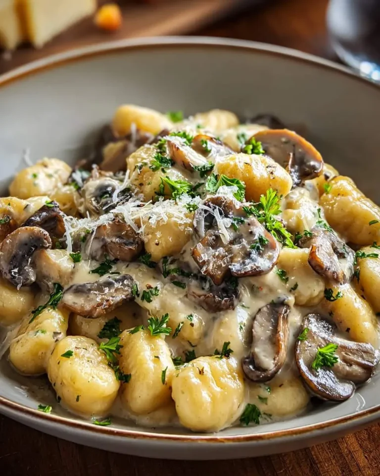Close-up of a rustic bowl filled with golden Mushroom Gnocchi with Parmesan Cream Sauce, garnished with fresh parsley and grated cheese.